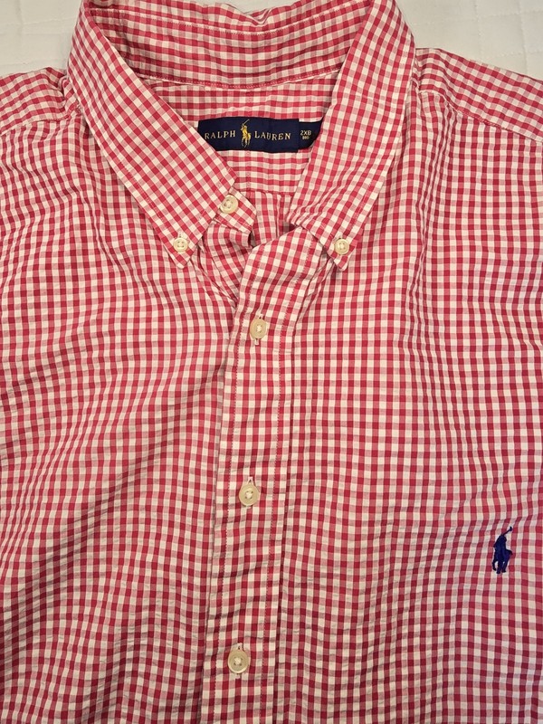 2XB (BIG) RALPH LAUREN RED/WHITE GINGHAM,SEERSUCKER SHORT SLEEVE BUTTON DWN POLO