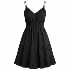 Black Tiered Ruffle Mini Dress L Spaghetti Strap Cinch Waist Boho Fairy Festival