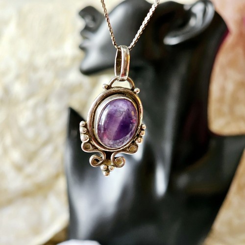 Antike Halskette Anhänger Kette 925 Silber 45cm Cabochon Amethyst 42x21mm - Bild 13 von 20