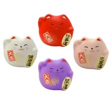 SET of 4 Japanese 2"H Maneki Neko Lucky Cat Pink Purple Red White Made in Japan