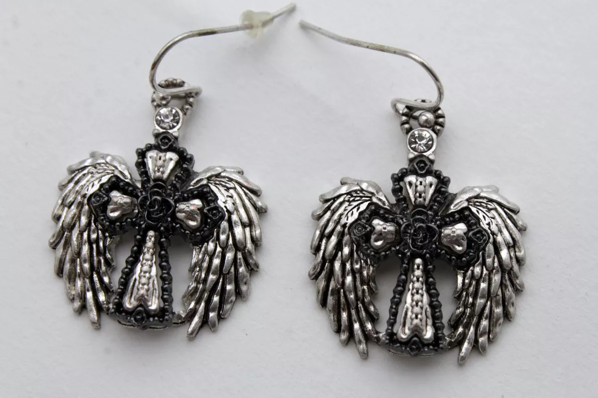 Women Silver Metal Western Jewelry Earrings Set Angel Wings Cross