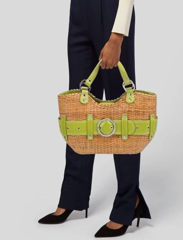 RAFE 皮革装饰竹制单肩包草绿色棕色包 B000487 — 第 2/4 张图片