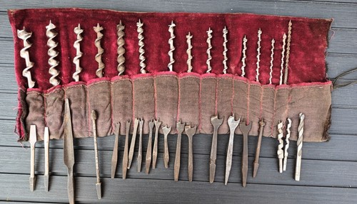 JOB LOT VINTAGE BRACE & BIT BITS AUGERS DRILLS 32 PIECES + TOOL ROLL