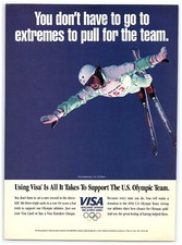 1992 VISA Vintage Print Ad, USA Olympic Ski Team Kris Feddersen Midair Jump Soar