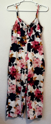 Old Navy Linen Blend Crop Jumpsuit Sz L Pink Navy Floral Cami Top Wide Leg Bow - Picture 1 of 8