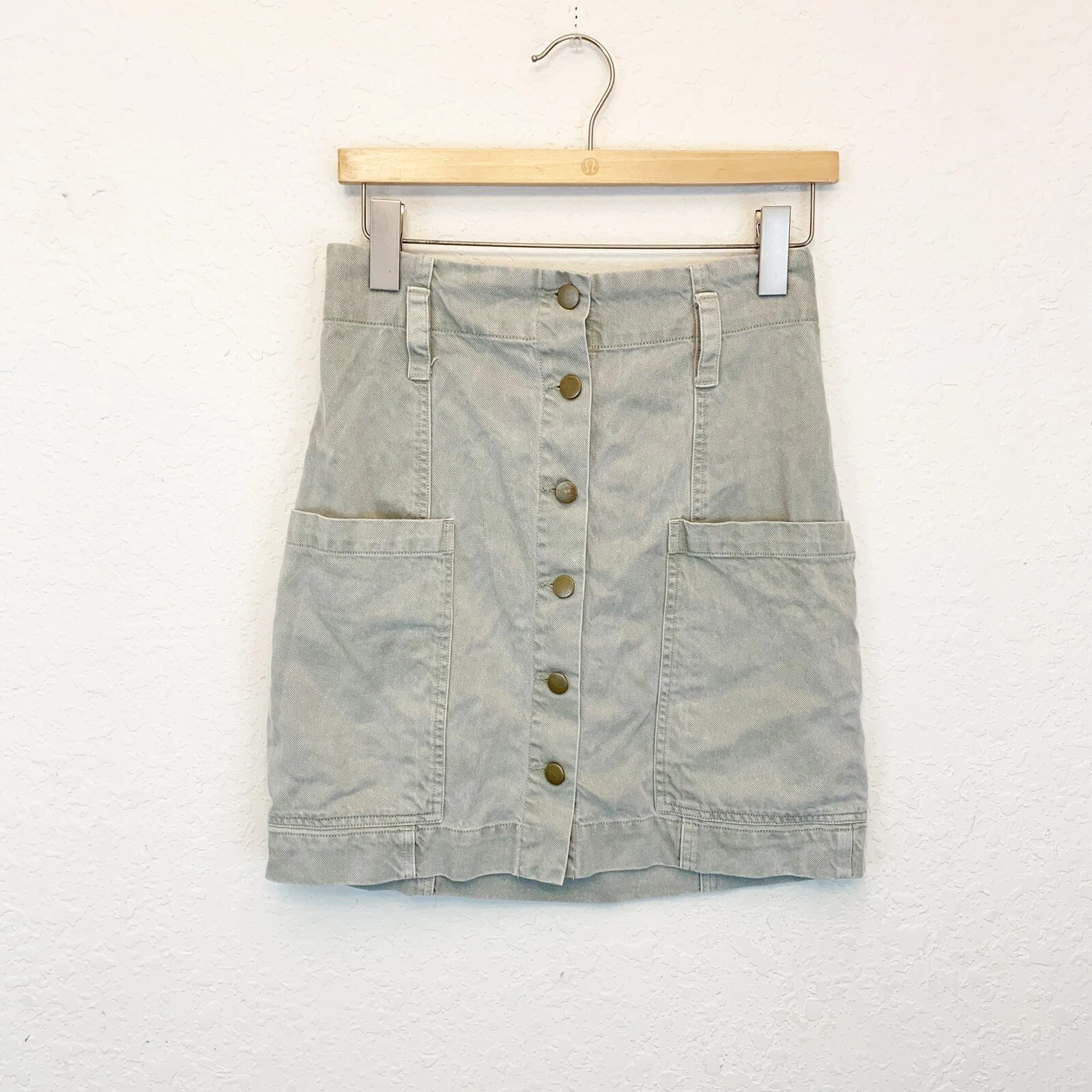 Young Fabulous Broke Womens Small Denim Skirt Button Fly Front Olive Stone Wash