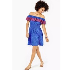 Lilly Pulitzer Kalama Off-The-Shoulder Smocked Mini Dress Embroidered XS 258109