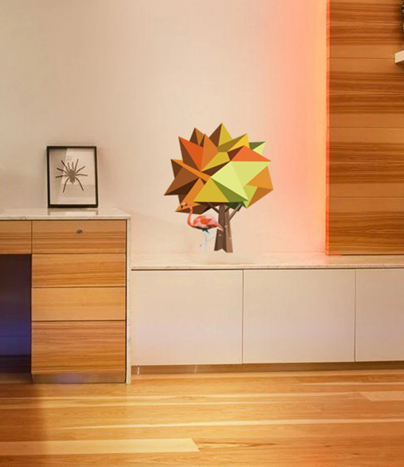 Pegatina de árbol, calcomanía de flamenco, decoración poligonal del hogar de animales, arte de pared de madera Foto 3 de 4