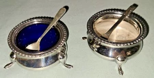Pair vtg William Adams silverplate open salt cellar, cobalt glass liner & spoons