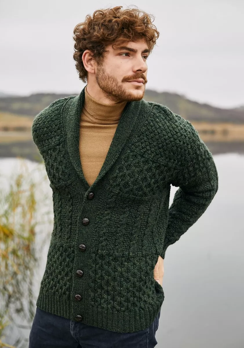 Irish Cardigan, Merino Wool Aran Cable Knit Shawl-Collar Mens Cardigan at