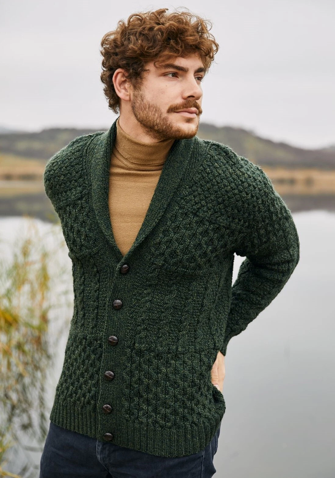 SAOL Aran Irish Fisherman Shawl Cardigan Men's Merino Wool Cable Knit Sweater
Opens in a new window 