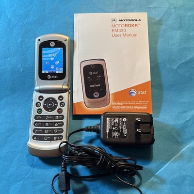 Motorola ROKR EM330 - Titanium Silver Cellular Flip Phone With Charger & Manual