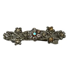 Vintage Floral Hair Clip with Clear and Orange Stones Silver Metal