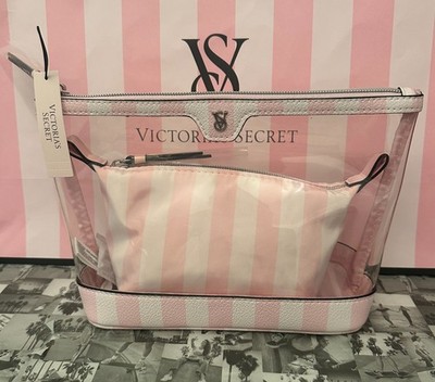NWT Victoria's Secret 2 Piece Cosmetic Makeup Bag  Pink Heritage Stripe Travel