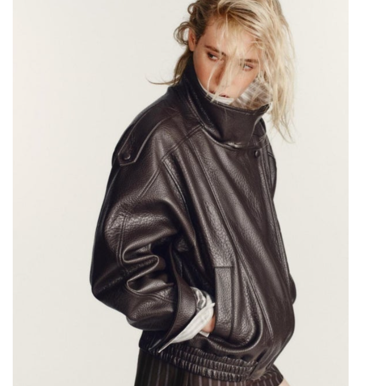 ZARA Womens Faux Leather Jacket Black High Neck Zip Front Side