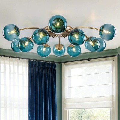 12-lights Brass Finish Modern Teal Bubble Globe Semi-Flush Mount Ceiling Light