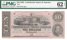 T-52 1862 $10 Confederate PF-3 PMG UNC 62 EPQ High Grade Civil War Paper Money