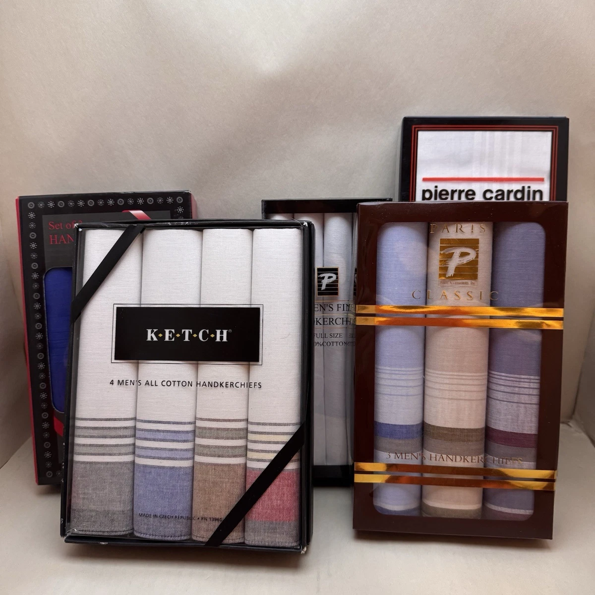 Lot of 5 Vintage Mens Handkerchief Boxes NIB Deadstock Pierre Cardin Paris Ketch