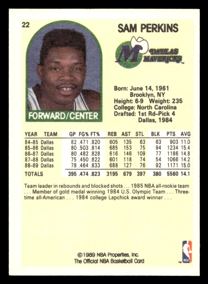1989 Hoops Superstars Sam Perkins #22 Dallas Mavericks - Image 2 of 2