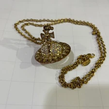Vivienne Westwood Necklace Gold Color Orb Shape Pendant Rhinestone Broken Chain