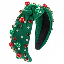 Green Pearl Knotted Headband For Women Crystal Embellished Wide Xmas Hairband