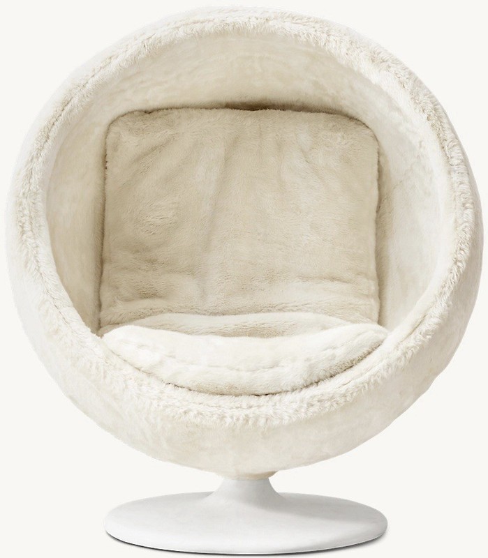 RH White Faux Fur Swivel Egg Accent Chair, Upholstered, Solid, w/ Cushion