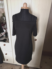 H&M Ladies Short Dress Size 12 Black Stretch Jersey Cold Shoulder Short Sleeve