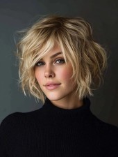 Short Ombre Golden Blonde Highlight Wave with Bangs Human Hair Lace Front Wigs