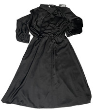NWT Boohoo Black Satin Twist Detail Midi Skater Dress US Sz 12 (UK Sz 16) ITALY
