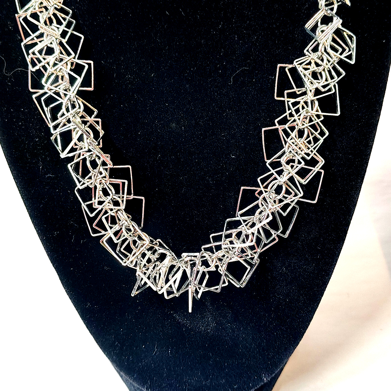 Interlocking Square Silvertone Necklace - image 4