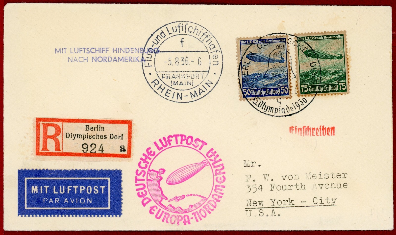 Germany 1936, 125pf on Deutsche Luftpost Cover w/Olympic village Register Label