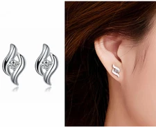 GORGEOUS MODERNIST 925 SOLID STERLING SILVER CLEAR STONE STUD EARRINGS STUDS