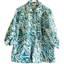 Chico's Linen Blazer Jacket Abstract Roll Up Sleeves Button Hand Pockets Blue 2