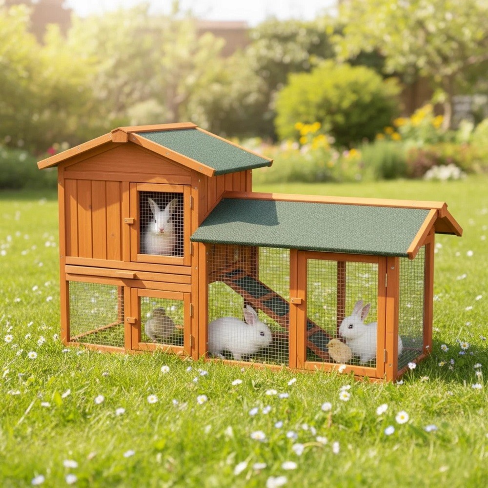 61" Deluxe Wooden Rabbit Hutch Chicken Coop 2-Tier Small Animal House Tray Nest