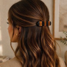 Vintage Striped Acetate Hair Barrette Black Amber Brown French Clip Accessory