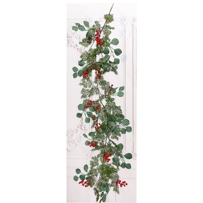 Festive Pine Needle Garland with Red Berries and Eucalyptus Leaves for Holiday