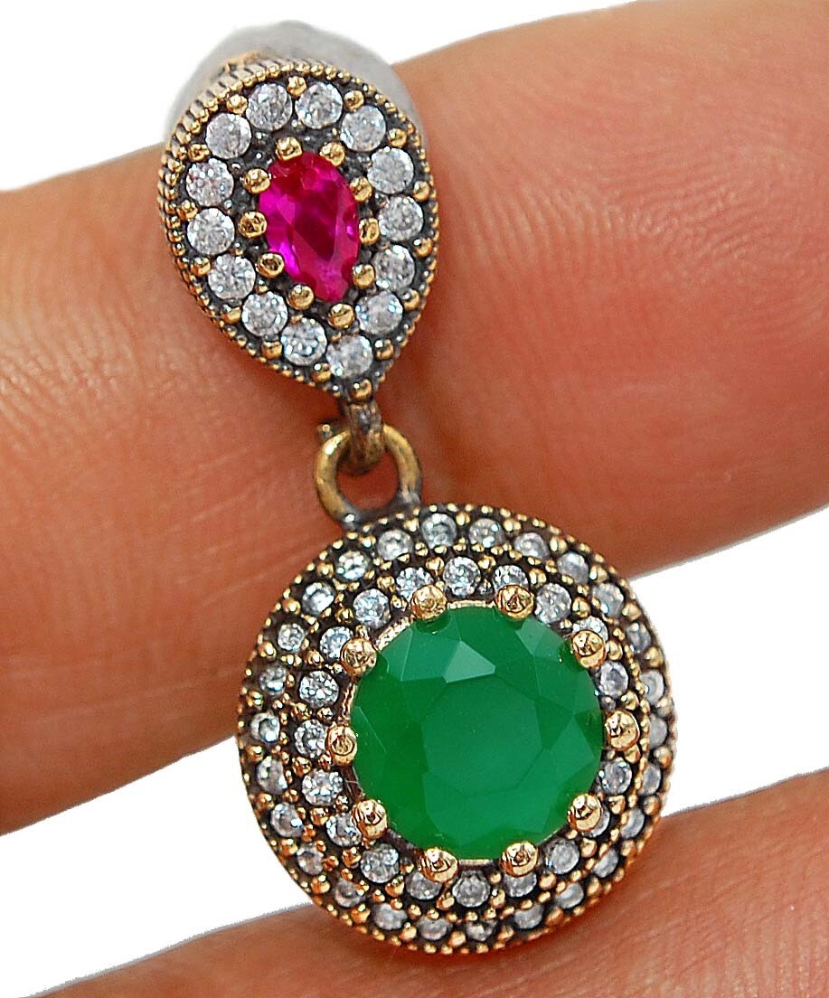 3CT Emerald Ottoman Empire Style 925 Silver Pendant S2186  