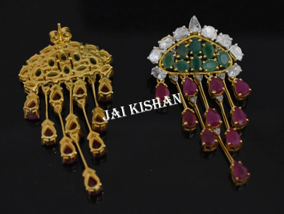 Smeraldo Rubino Gemma 925 Argento Sterling Polki Pavé di Diamanti Vintage Parure - Immagine 2 di 4