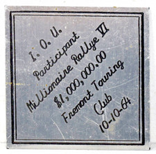 1964 IOU Participant Millionaire Rallye Fremont Touring Club SCCA SCC Sport Car