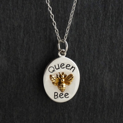 Sterling Silver Queen Bee Charm Necklace w/ Bronze Bee Mom Gift Honeybee 