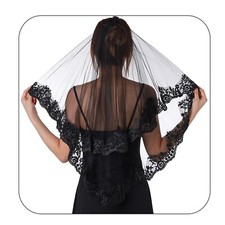 Black Lace Wedding Veil 2 Tier Fingertip Veils for Brides Short Ribbon Edge V...
