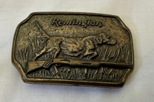 Vintage 1974 Remington Buckle Leather Belt Hunting Dog and a Rifle Made in USA