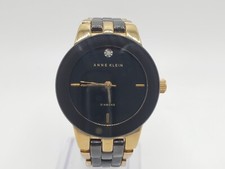 Anne Klein Diamond Watch Womens New Battery Black/Gold Tone Round 30mm