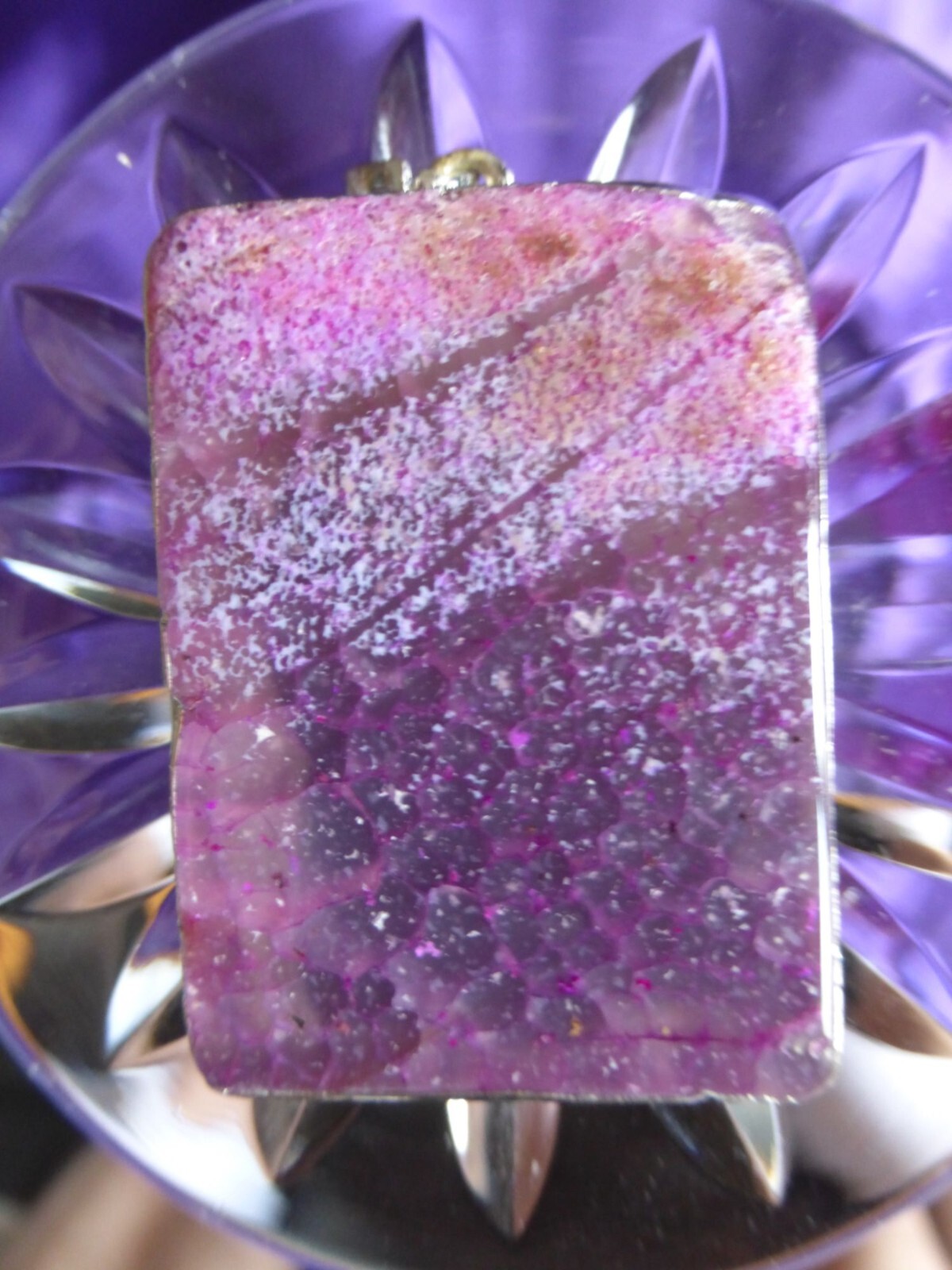 Pendentif agate violette rectangle transparent en argent véritable 3.8x2.9cm - 3