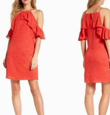 Trina Turk Sz S Women Ladybug Roseville Cold Shoulder Dress Orange Red Lace $178
