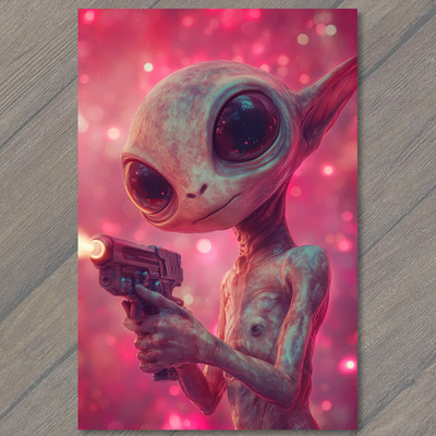 Art Print Alien Holding Laser Blaster Pink Bokeh Glow Cute Sci Fi Monster Creatu