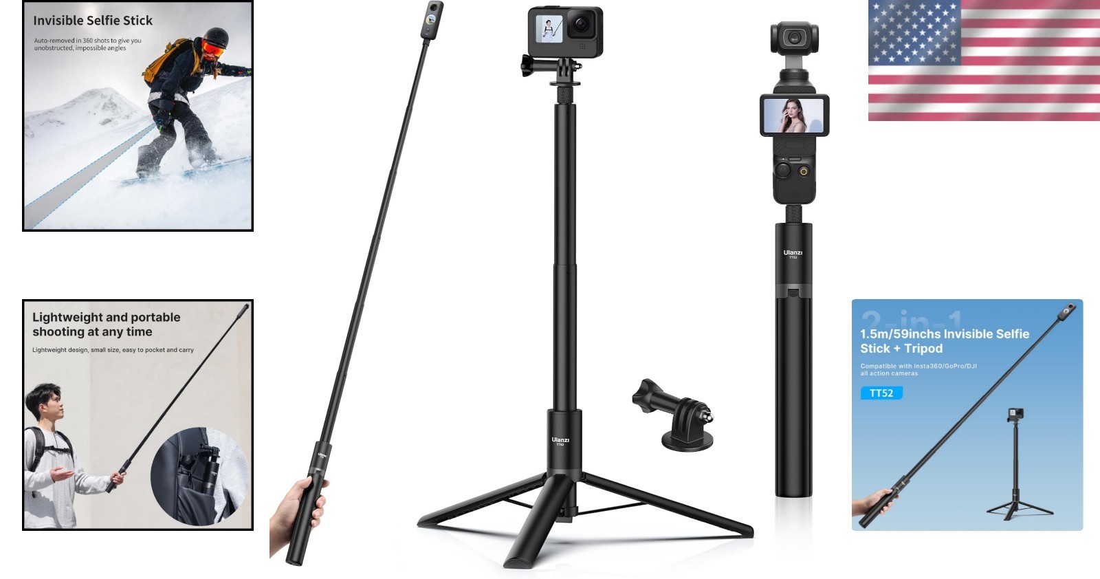 Portable 59-Inch Waterproof Selfie Stick Tripod for DJI & Insta360 Action Shots