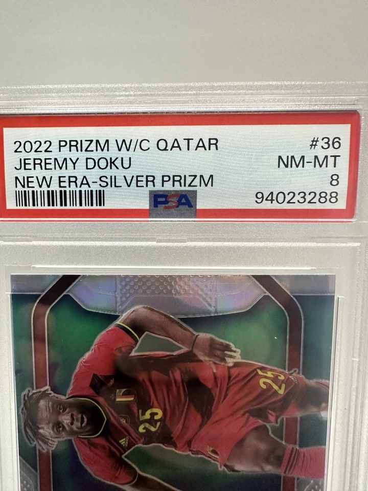 2022 Panini Prizm World Cup Qatar Jeremy Doku New Era Silver PSA 8 - Image 2 of 4