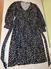 H&M Wrap Dress Animal Print Black White Tie Closure Long Sleeve Size L