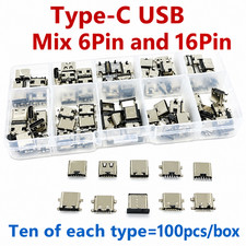 100PCS Type-C USB Charging Port Connector 10 Models 6Pin 16Pin Repair Kit Mix